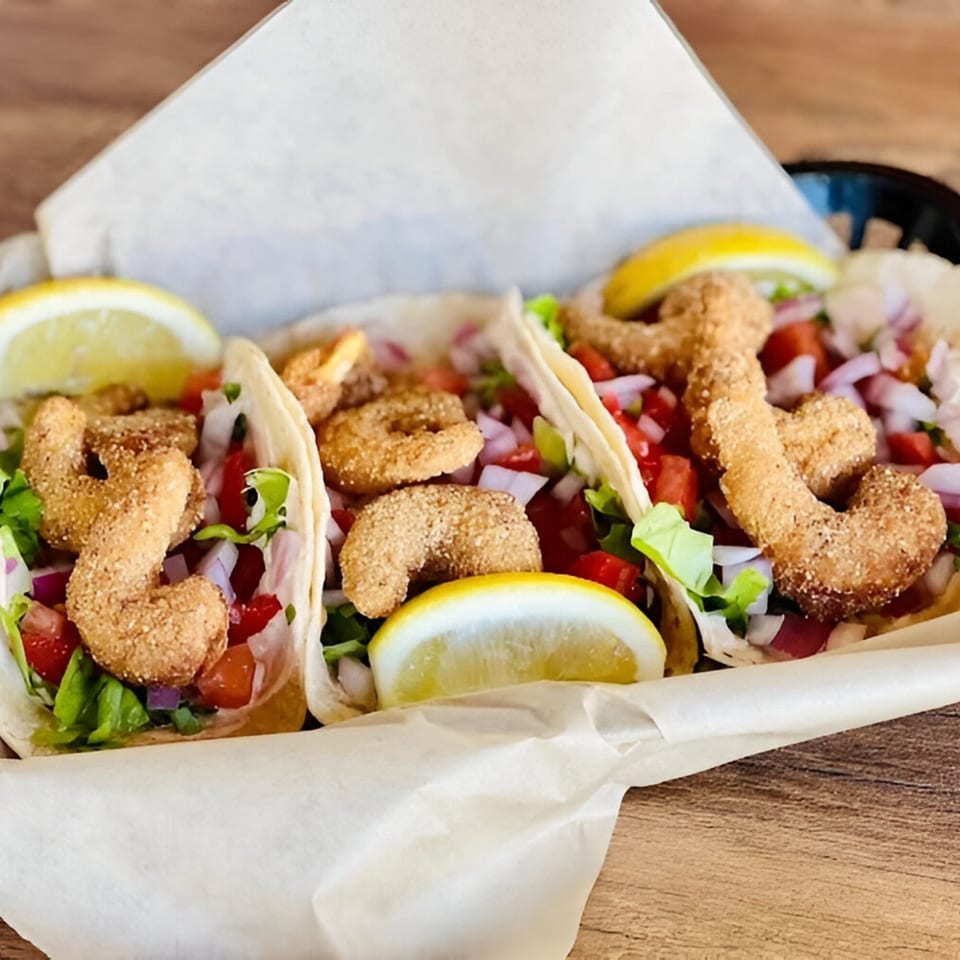 Three shrimp tacos with lettuce, diced tomatoes, red onions, and lemon wedges in a paper-lined basket.